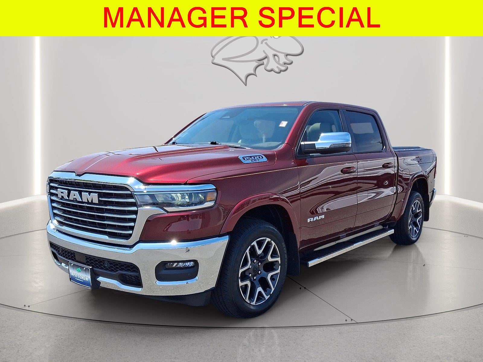 2025 RAM 1500 Laramie in Delmonico Red Pearlcoat — front three-quarter view