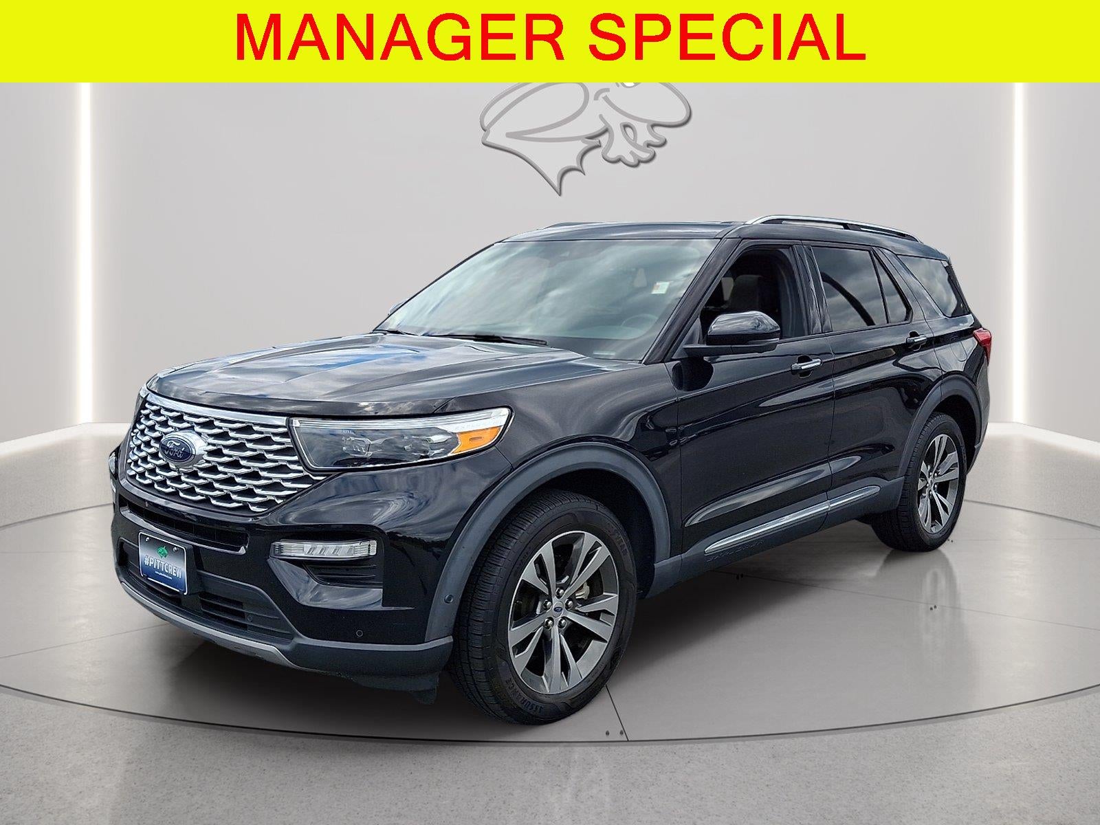 2020 Ford Explorer Platinum in Agate Black — front three-quarter view