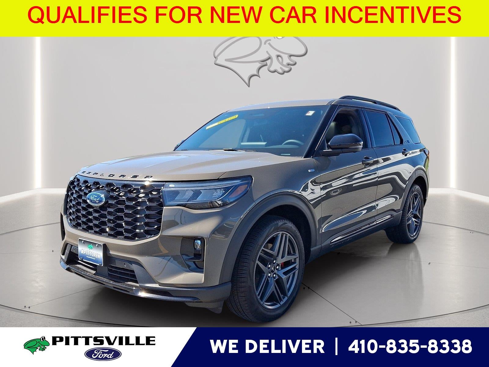 2026 Ford Explorer ST-Line in Marsh Gray — front three-quarter view